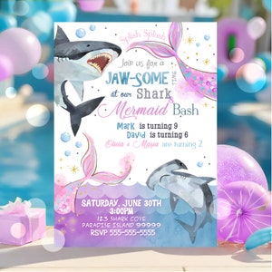 EDITABLE Sharks and Mermaids Invitation, Sharks and Mermaids Birthday, Brother Sister Sibling Invite, Under the Sea Instant Download