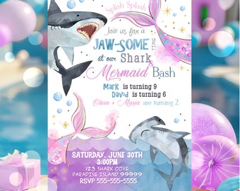 EDITABLE Sharks and Mermaids Invitation, Sharks and Mermaids Birthday, Brother Sister Sibling Invite, Under the Sea Instant Download SH1
