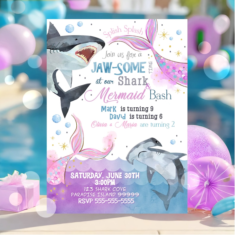 EDITABLE Sharks and Mermaids Invitation, Sharks and Mermaids Birthday, Brother Sister Sibling Invite, Under the Sea Instant Download