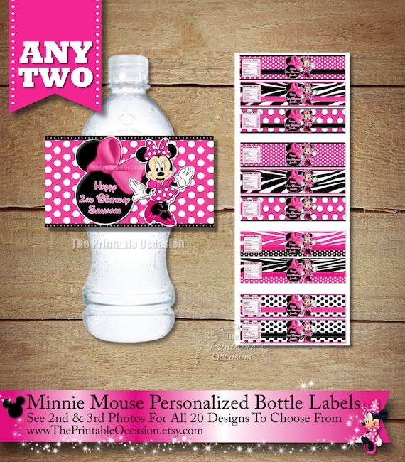 ANY SET of TWO Pink Polka Dot or Zebra Minnie Mouse Water Bottle Labels, Pink Printable Minnie Mouse Bottle Wrappers, DiY Bottle Labels Il_570xn