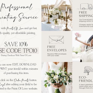 May include: A white graphic with text that says "Professional Printing Service" and "Save 10% Use Code TP010". The graphic also includes images of a wedding bouquet, a white envelope with a heart, a white car, and a tree.