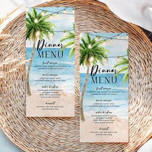 Editable Beach Wedding Menu Template Canva Tropical Dinner Menu Card Palm Tree Printable Coastal Reception Ocean Event Menu Download BE1