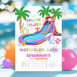 Rainbow Water Slide Birthday Party Invitation Splish Splash ANY AGE Printable Editable Rainbow Waterslide Birthday Invitation Waterslide W7a