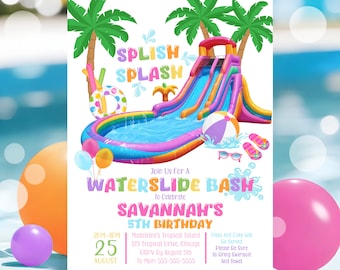 レインボーウォータースライド誕生日パーティー招待状 スプラッシュスプラッシュ 年齢制限なし 印刷可能 編集可能 レインボーウォータースライド誕生日招待状 ウォータースライド W8