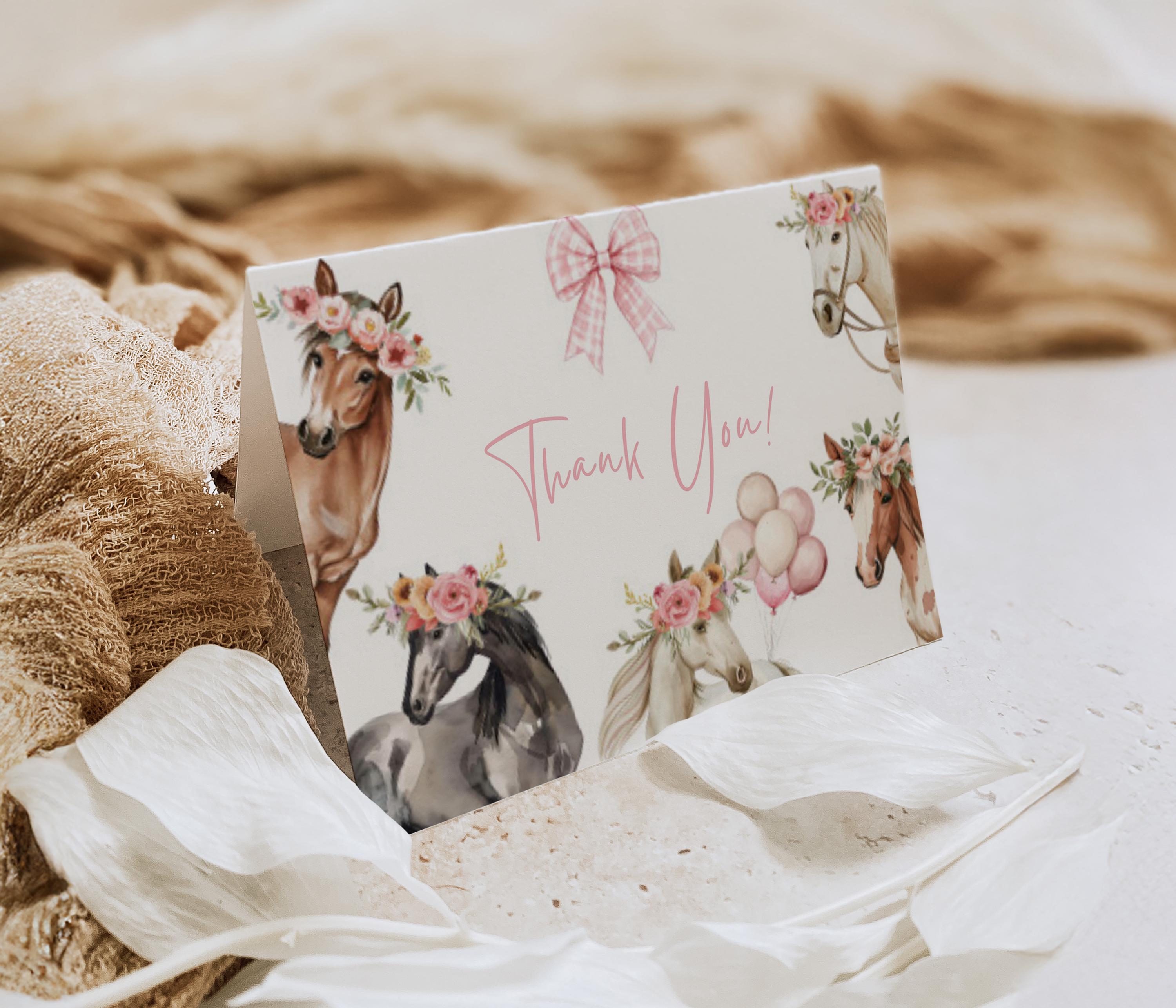 Editable Horse Thank You Card Girl Pony Party Thank You Pink Bow ...