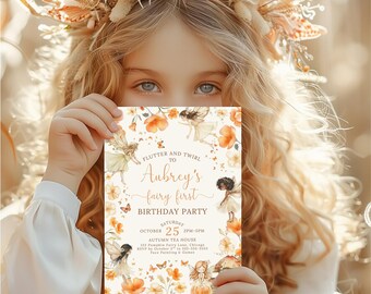 Fall Fairy 1st Birthday Invitation Autumn Floral Fairy First Birthday Party Editable Template Whimsical Fairy Theme Pumpkin Fairy Canva FR1