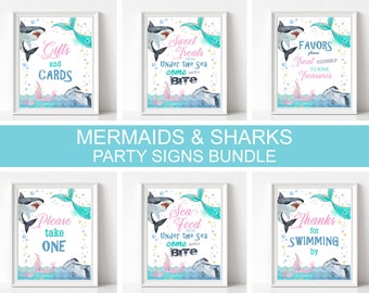 Sharks and Mermaids Party Signs Bundle, Pink Teal Sharks and Mermaids Birthday Signs Brother Sister Sibling Party Signs Instant Download SH3