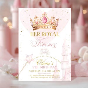Her Royal Fiveness Princess Birthday Invite Editable Princess 5th Birthday Canva Invitation Girls Princess Invites Crown Castle Template PR2