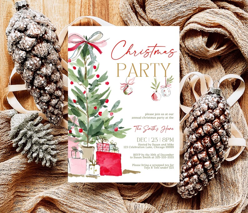 Watercolor red bow Christmas tree invitation for a holiday gathering or office party, displayed flat with glitter pinecones, ornaments, and beige ribbon on a rustic brown fabric background. The festive scene highlights the invitation’s red gift boxes, gold lettering, and soft watercolor details, perfect for Christmas or winter celebration invitations.