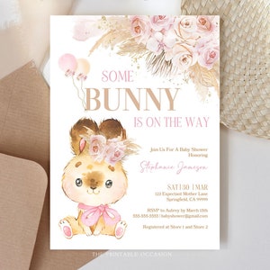 EDITABLE Boho Bunny Rabbit Baby Shower Invitation Bohemian Pink Pampas Grass Girl Bunny Baby Shower Some Bunny Shower Instant Download PGB1 image 4