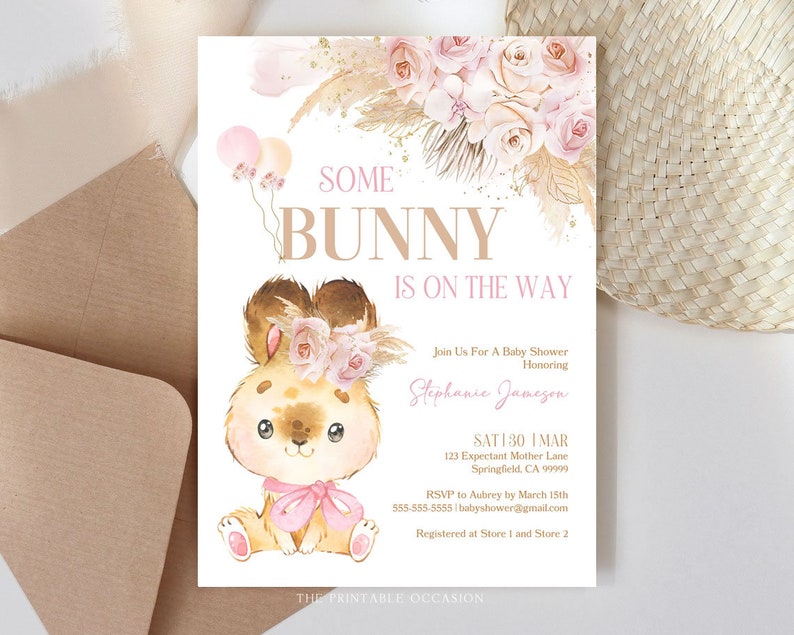 EDITABLE Boho Bunny Rabbit Baby Shower Invitation Bohemian Pink Pampas Grass Girl Bunny Baby Shower Some Bunny Shower Instant Download PGB1 image 4