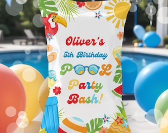 May include: A white party bag with the text "Oliver's 5th Birthday Pool Party Bash!" in various colours. The bag is decorated with illustrations of a toucan, sunglasses, a sun, and other summer-themed graphics. Balloons are in the background.