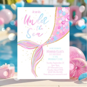 Mermaid Birthday Invitation, Mermaid 3rd Birthday Girl, Under the Sea Editable Template, Mermaid Party Light Pink Invite 4th 5th 6th 7th MP1