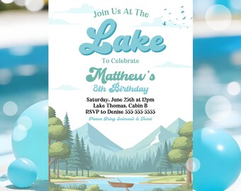 Editable Lake Birthday Party Invitation Template Blue Boat Lake Birthday Party Summer Lake Water Party Join Us At The Lake Party Invite L4G