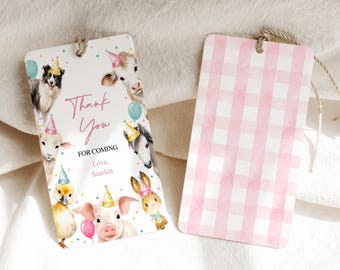 Editable Pink Farm Animals Thank You Favor Tag Girl Birthday Barnyard Stickers Decor Pink Favor Cow Pig Digital Template Printable FA2