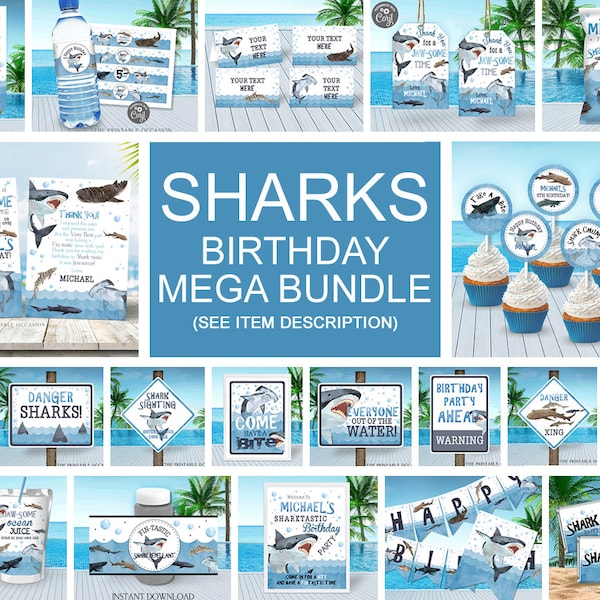 Shark Birthday Invitation Bundle Printable Shark Pool Party Editable Invitation Shark Swim Party Invite Bundle Shark Party Decoration SHK