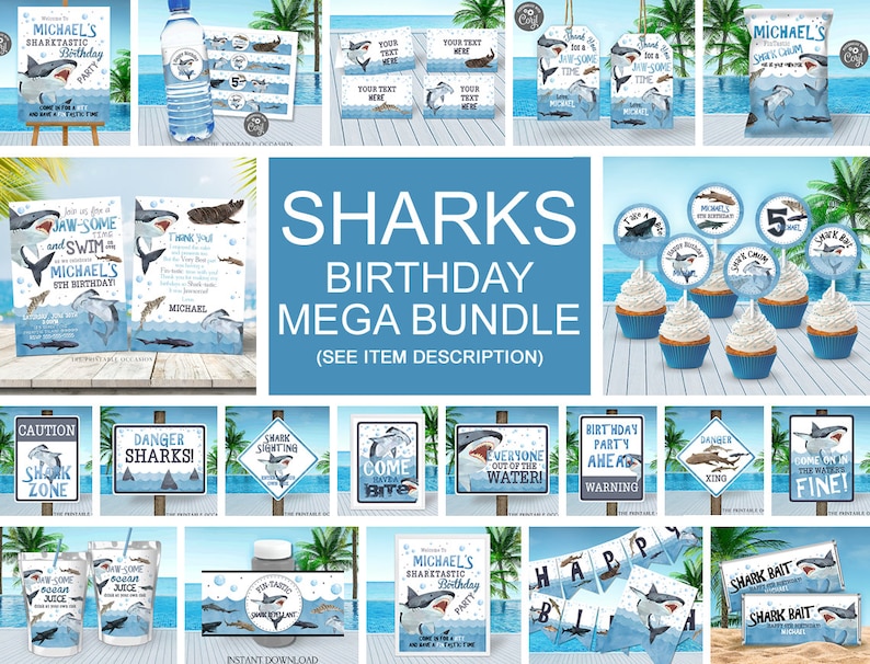 May include: A digital printable party pack for a shark-themed birthday party. The pack includes invitations, thank you cards, cupcake toppers, water bottle labels, food labels, banners, and signs. The design features blue, white, and gray colors with a cartoon shark illustration.