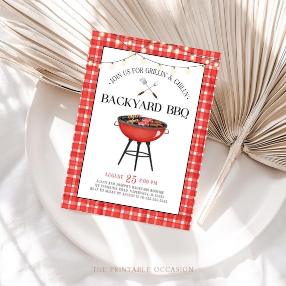Editable Backyard BBQ Invitation Backyard Barbecue Party Invite Summer Cookout Party Red Gingham Picnic Grill Party Template