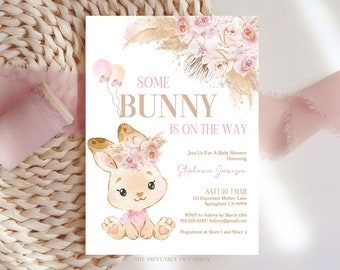 EDITABLE Girl Baby Shower Invite Boho Baby Shower Invite Pampas Grass Baby Shower Invitation Some Bunny Is On The Way Instant Download PGB1