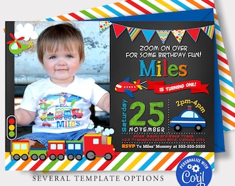 EDITABLE Transportation Invitations, Transportation Birthday Party Invitations, Cars Trucks Plane Train Invitations, Transportation Party T1