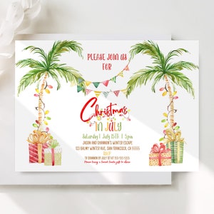 Tropical Christmas Invitation Christmas In July Invitation Tropical Christmas Party Printable Holiday Invitation Palm Tree Beach Corjl TC1