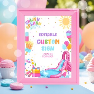 Editable Water Slid Table Sign Splish Splash Birthday Sign Water Slide Party Sign Summer Birthday Table Decor Custom Sign Canva Template W7A