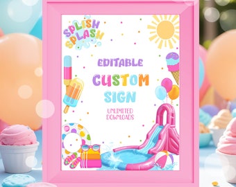 Editable Water Slid Table Sign Splish Splash Birthday Sign Water Slide Party Sign Summer Birthday Table Decor Custom Sign Canva Template W7A