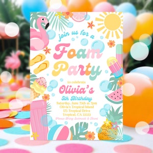 EDITABLE Foam Birthday Party Invitation Tropical Pool Foam Girly Pool Party Invite Summer Splash Pad Party Instant Download P4