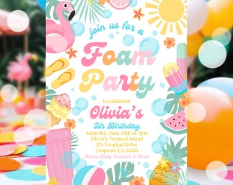 EDITABLE Foam Birthday Party Invitation Tropical Pool Foam Girly Pool Party Invite Summer Splash Pad Party Instant Download P4