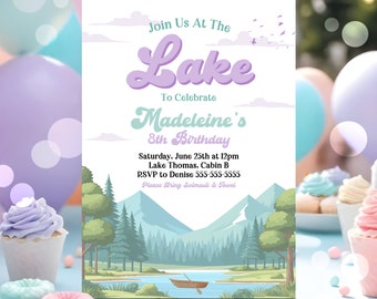 Girl's Lake Birthday Party Invitation Girl's Purple Boat Lake Birthday Party Summer Lake Water Party Join Us At The Lake Party Invite L4C