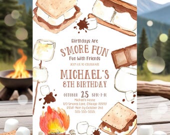 Zaproszenie na przyjęcie urodzinowe Smores, zaproszenie na kemping dla chłopca, zabawa Smore z przyjacielem, zaproszenie na ognisko, jesienne przyjęcie, ognisko, edytowalne Smores Canva SM3