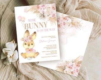 EDITABLE Girl Baby Shower Invite Boho Baby Shower Invite Pampas Grass Baby Shower Invitation Some Bunny Is On The Way Instant Download PGB1