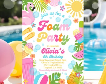 EDITABLE Foam Birthday Party Invitation Tropical Pool Foam Girly Pool Party Invite Summer Splash Pad Party Instant Download P5
