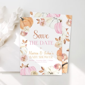 girls fall pink and orange pumpkin save the date card to go with the first birthday girls pumpkin fall birthday party invitation bundle.