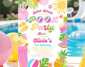Puede incluir: Una invitación colorida para una fiesta en la piscina con un flamenco rosa, gafas de sol y una sandía. El texto dice "Splish Splash Únase a nosotros para una fiesta en la piscina Bash! para celebrar el 2º cumpleaños de Olivia Sábado, 25 de junio a las 2:00 p. m. Olivia's Tropical Island 123 Tropical Drive Tropical, CA 55555 Por favor, traiga traje de baño y toalla"