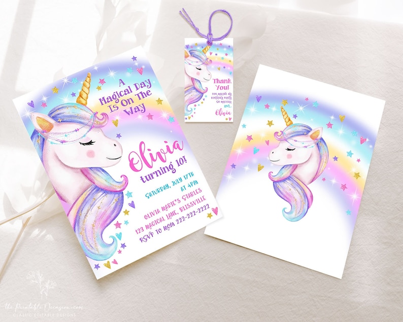 Unicorn Birthday Invitation Rainbow Unicorn Party Gold Glitter Pink Girl Magical Day Invites Digital Editable Printable Download UN1 image 3