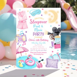 Sleepover Birthday Invitation Movie Night Invite Slumber Party Invitation Pool Party Birthday Invitation Girl  Tween Teen Template SO1