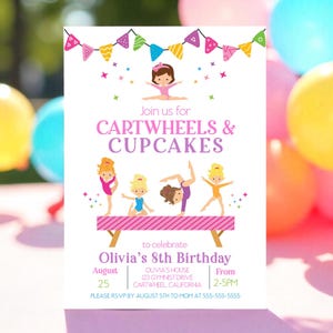 Gymnastics Birthday Invitation Gymnastics Party Invite Cupcakes And Cartwheels Tumbling Invite Editable Canva Template Instant Download G4
