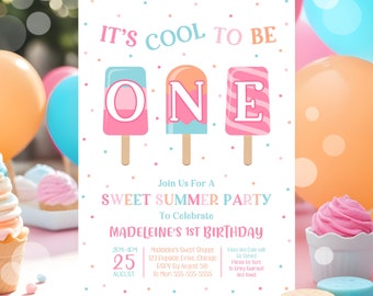 Popsicle 1st Birthday Invitation It's Cool to be ONE Invitations Sweet Celebration Girl Popsicle Invite, Editable Summer Birthday Invite PS2