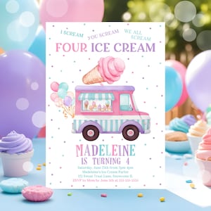 Ice Cream Truck Birthday Invitation Girl 4th Birthday Party Invite Any Age I Scream You Scream We All Scream Four Ice Cream Editable C3C
