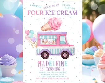 Editable Ice Cream Truck Birthday Invitation I scream You Scream We All Scream Four Ice Cream 4th Birthday Party Invite Instant Download C3C