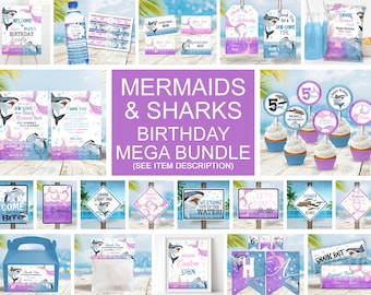 Sharks and Mermaids Invitation Bundle, Purple Blue Sharks and Mermaids Birthday, Brother Sister Sibling Invite, Under the Sea Download SH1