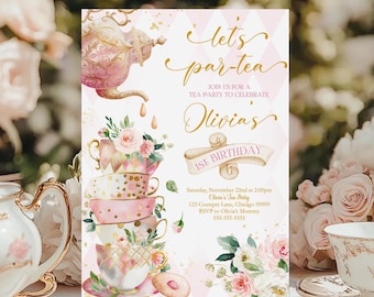 Tea Party 1st Birthday Invitation Tea Party Birthday Invite Pink Floral Tea Birthday Invitation Editable Tea Party Printable Template TE1