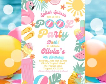 EDITABLE Pool Party Invitation Tropical Splish Splash Girly Pool Party Invitation Summer Swimming Pool Splash Pad Party Instant Download P4