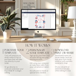 May include: A computer screen displays a digital invitation with a patriotic theme, featuring red, white, and blue elements. The text reads "Amelia One." Instructions for purchasing, personalizing, and downloading the template are also visible.