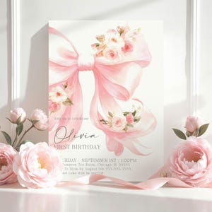 Pink Bow First Birthday Invitation Girl Coquette 1st Birthday Invite Elegant Ribbon Birthday Party Printable Floral Baby Girl Invitation FB2