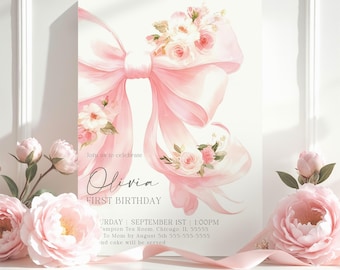 Pink Bow First Birthday Invitation Girl Coquette 1st Birthday Invite Elegant Ribbon Birthday Party Printable Floral Baby Girl Invitation FB2