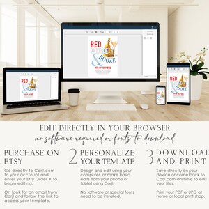 May include: A digital mockup of a printable invitation for a 4th of July party. The invitation features a red, white, and blue color scheme with the text "Red White & Booze" and a graphic of a bottle of alcohol and a cocktail glass. The invitation is displayed on a computer screen, a tablet, and a smartphone.