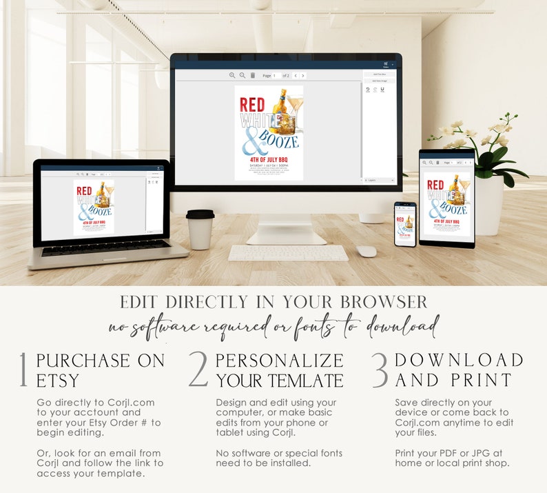 May include: A digital mockup of a printable invitation for a 4th of July party. The invitation features a red, white, and blue color scheme with the text "Red White & Booze" and a graphic of a bottle of alcohol and a cocktail glass. The invitation is displayed on a computer screen, a tablet, and a smartphone.