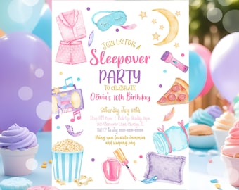 Editable Slumber Party Birthday Invitation Sleepover Birthday Invite Pink Girl Pizza PJ Teen Digital Download Printable Template Corjl SO1